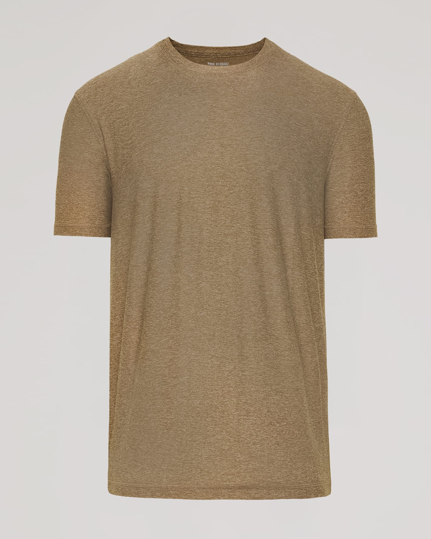 A short-sleeve crew-neck t-shirt in a heathered tan or khaki color, displayed on a neutral light gray background.