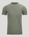 Heather Juniper Active Crew Neck Tee, plain short-sleeved, displayed on gray background.