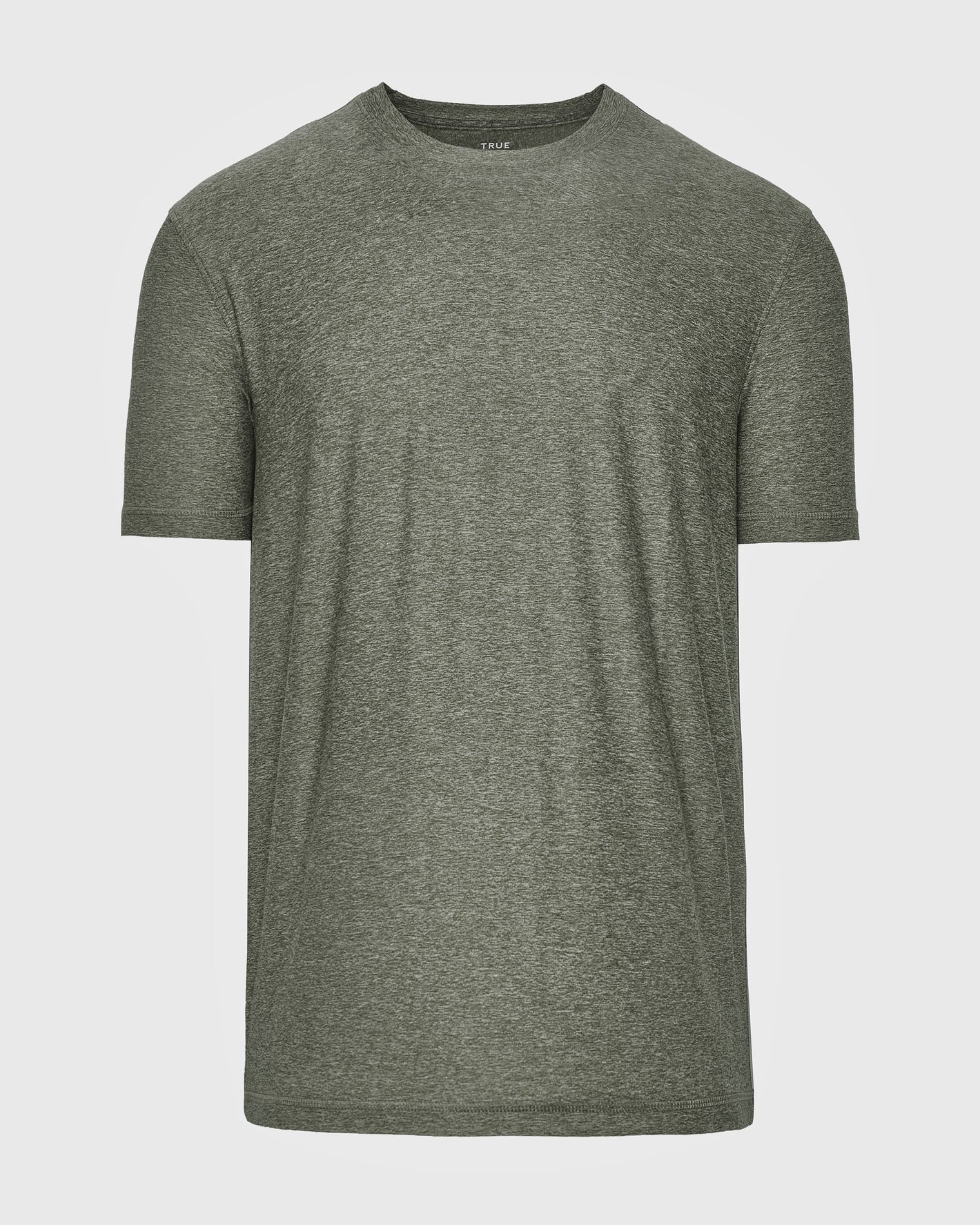 Heather Forest Short Sleeve Active Crew Neck: simple front-view, muted olive-gray t-shirt.