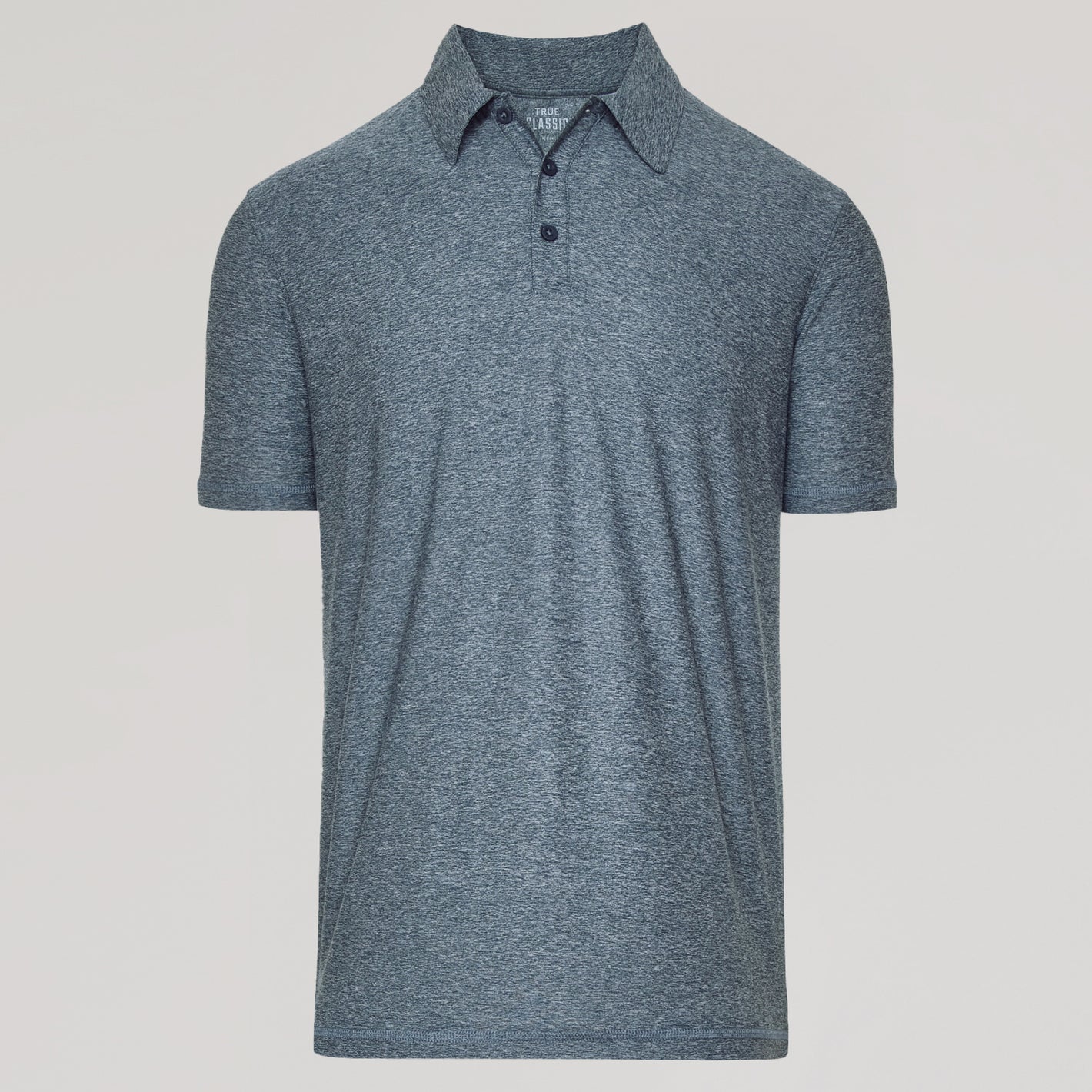 Heather Navy Active Short Sleeve Polo with fold-over collar and button placket.