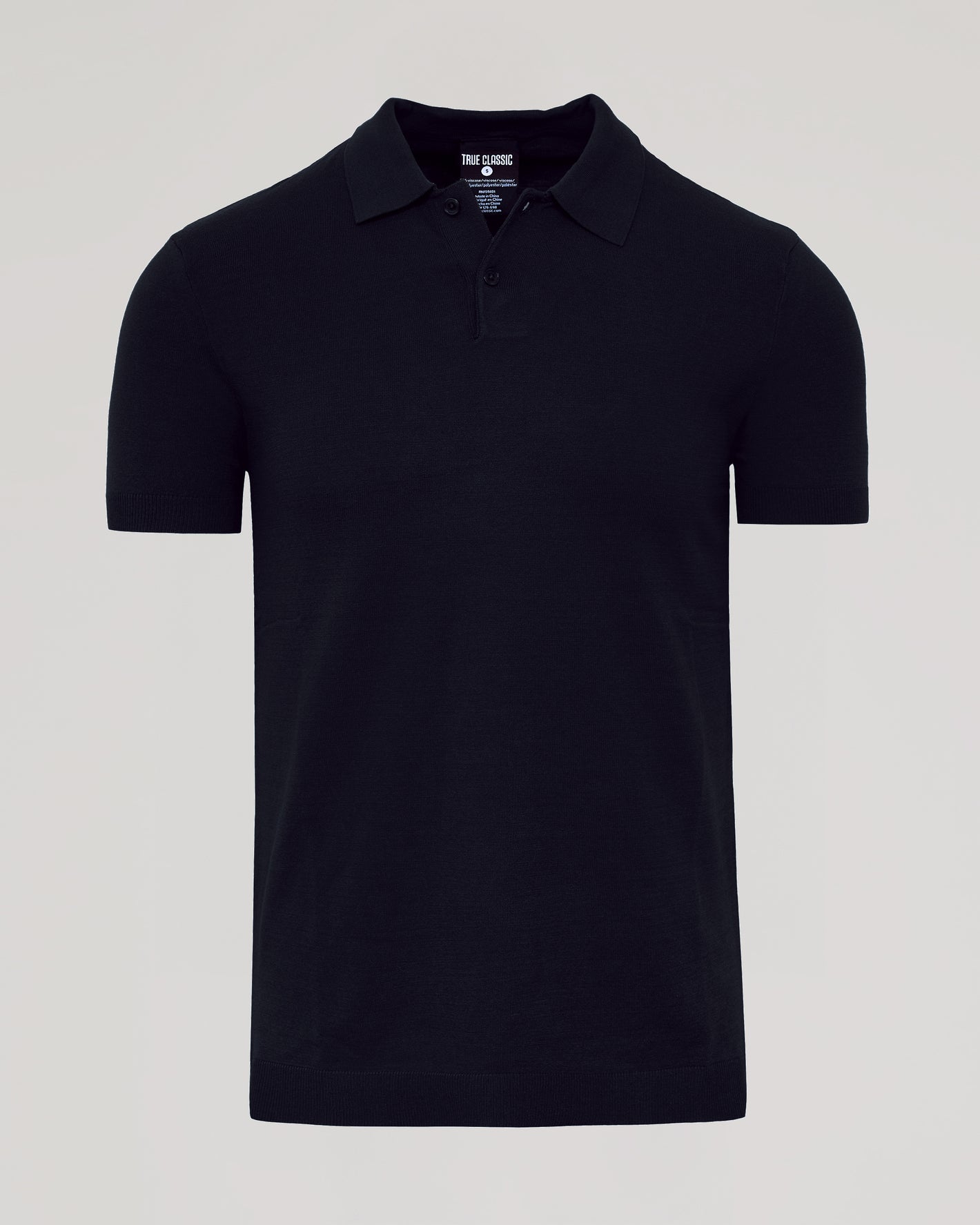 Black Short Sleeve Sweater Polo with classic collar and two-button placket.