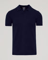Navy Short Sleeve Sweater Polo with folded collar and two-button placket.