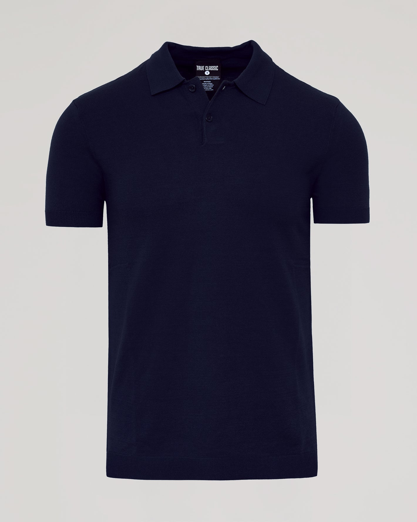 Navy Short Sleeve Sweater Polo with folded collar and two-button placket.