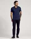 Navy Short Sleeve Sweater Polo on model with tattoo sleeve.