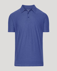 True ClassicCosmos Active Polo 2.0 in heathered blue, classic collar, three-button placket.