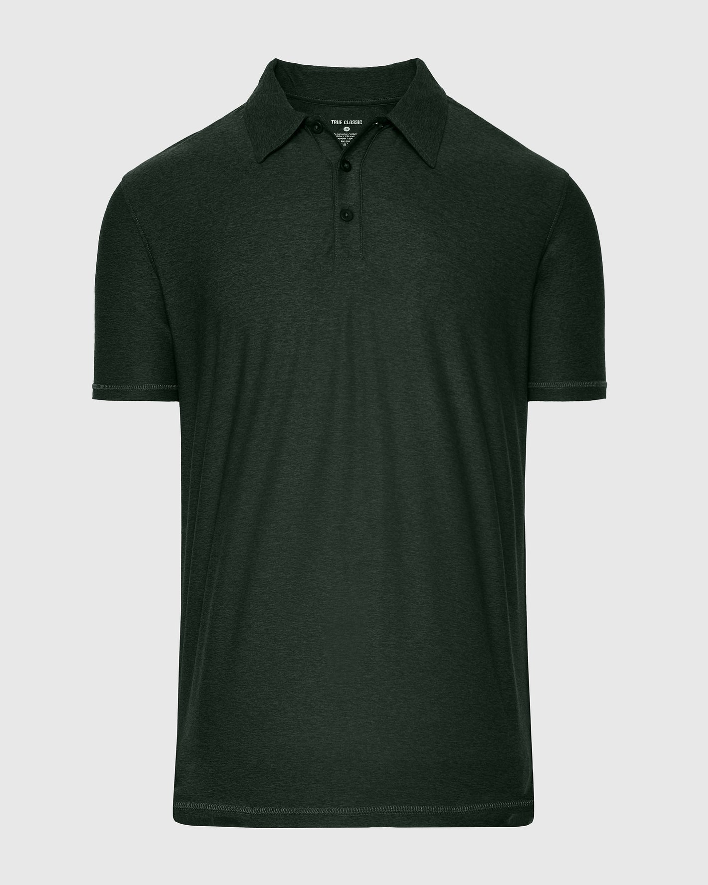True Classic Men’s Active Short Sleeve Polo, dark forest-green, classic collar, three-button placket.