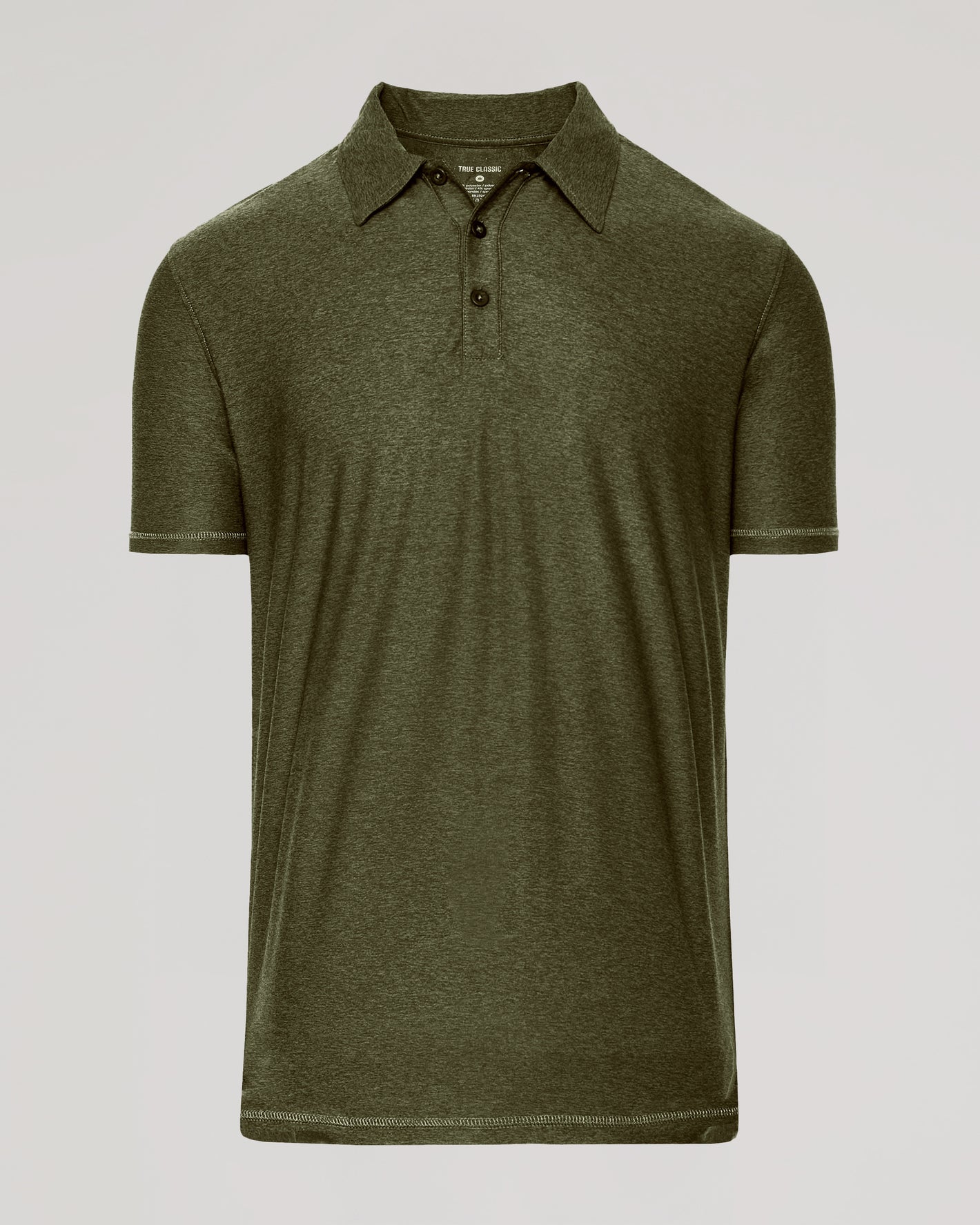 Dark Heather Pear Active Polo 2.0 with three-button placket.