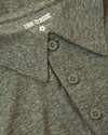 Heather Military Green Active Polo 2.0, close-up of collar and buttons.