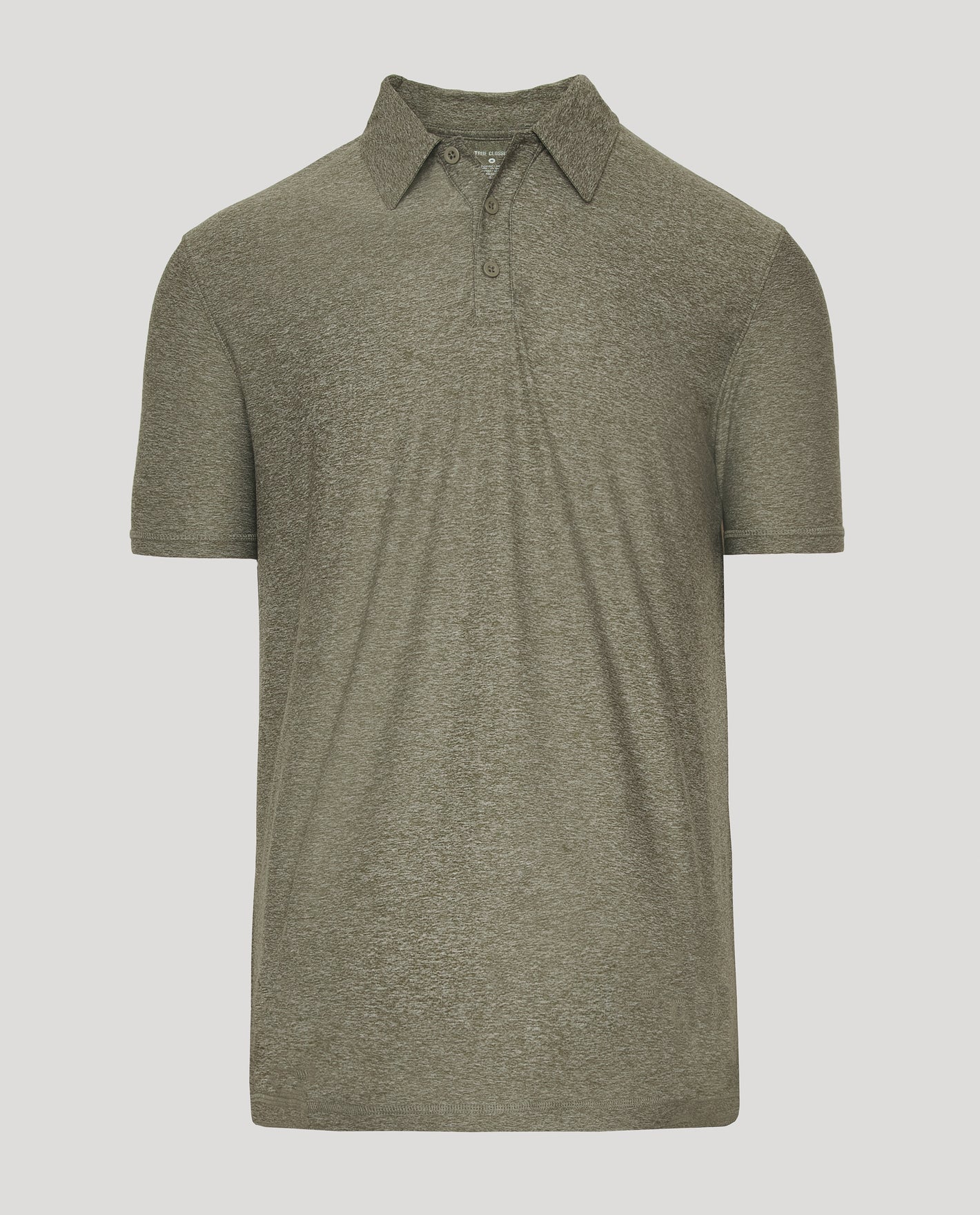 Heather Military Green Active Polo 2.0, laid flat, short-sleeve, three-button.