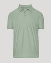 Lichen Active Polo 2.0: Sage-green, short-sleeve, two-button placket, unstructured collar.