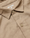 Dusty Taupe Short Sleeve Linen Shirt close-up showing collar and buttons.