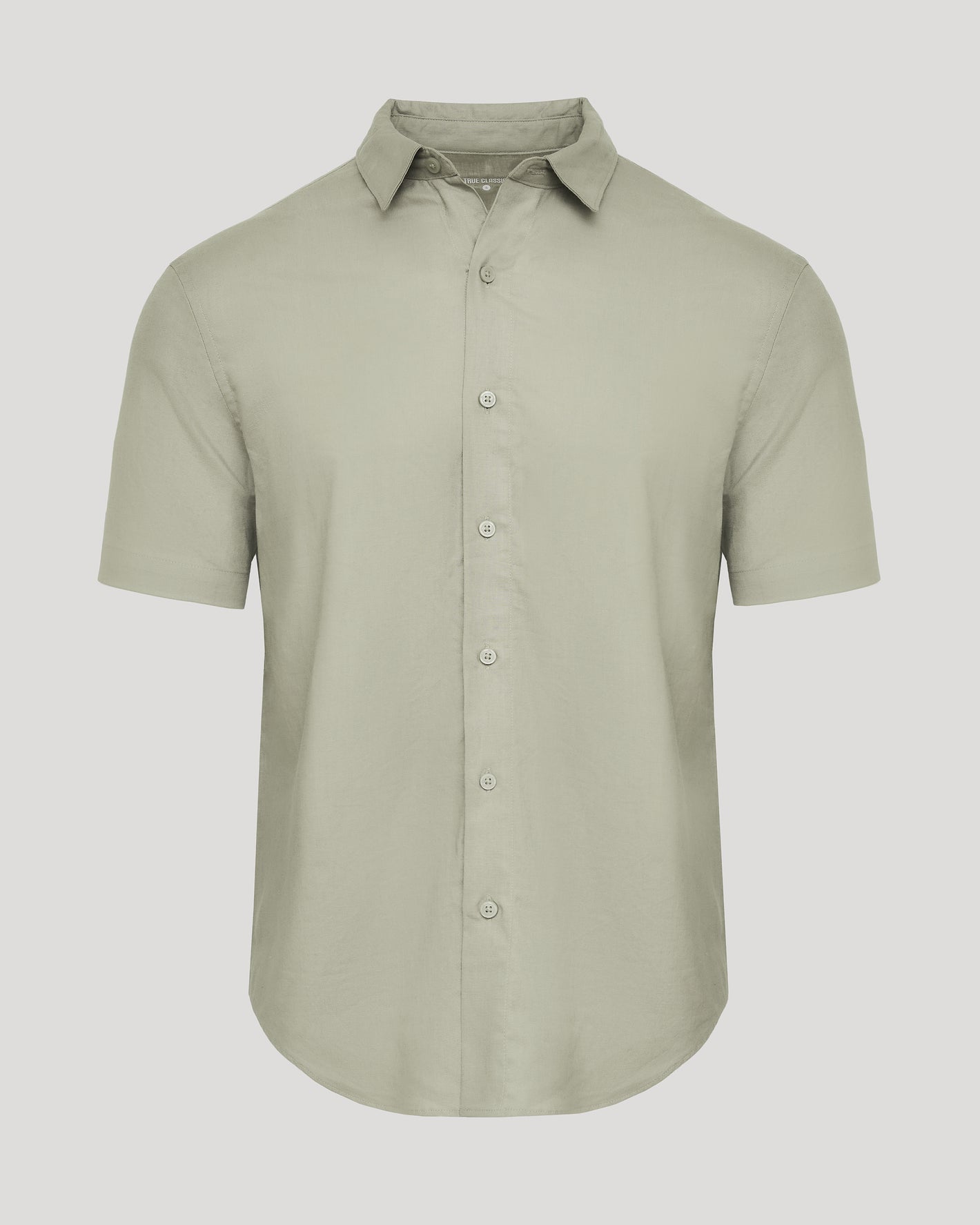 Mossy Oak Short Sleeve Linen Shirt, light sage, button-front, classic collar.