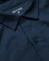 Navy Short Sleeve Linen Shirt collar with buttons and TRUE CLASSIC label.