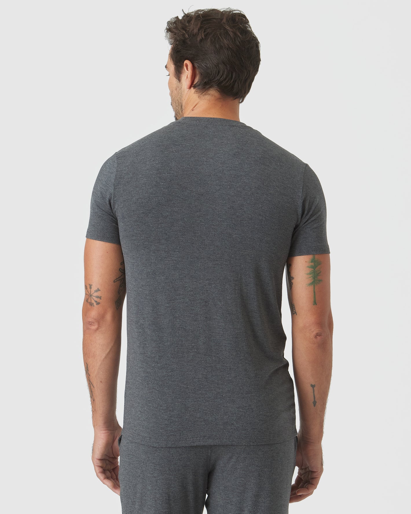Charcoal Heather Gray Short Sleeve Loungewear Tee, showcasing back view and tattoos.