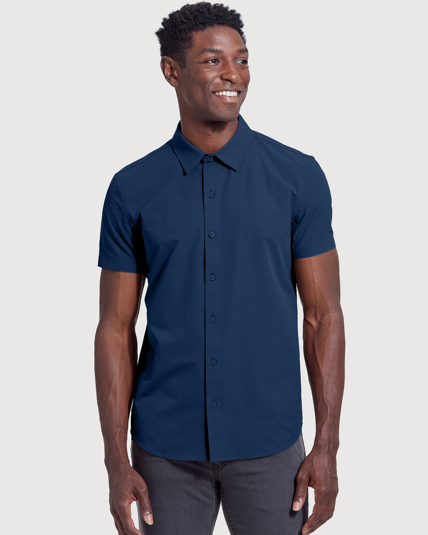 Navy Commuter Short Sleeve Shirt on man, casual fit, smiling.