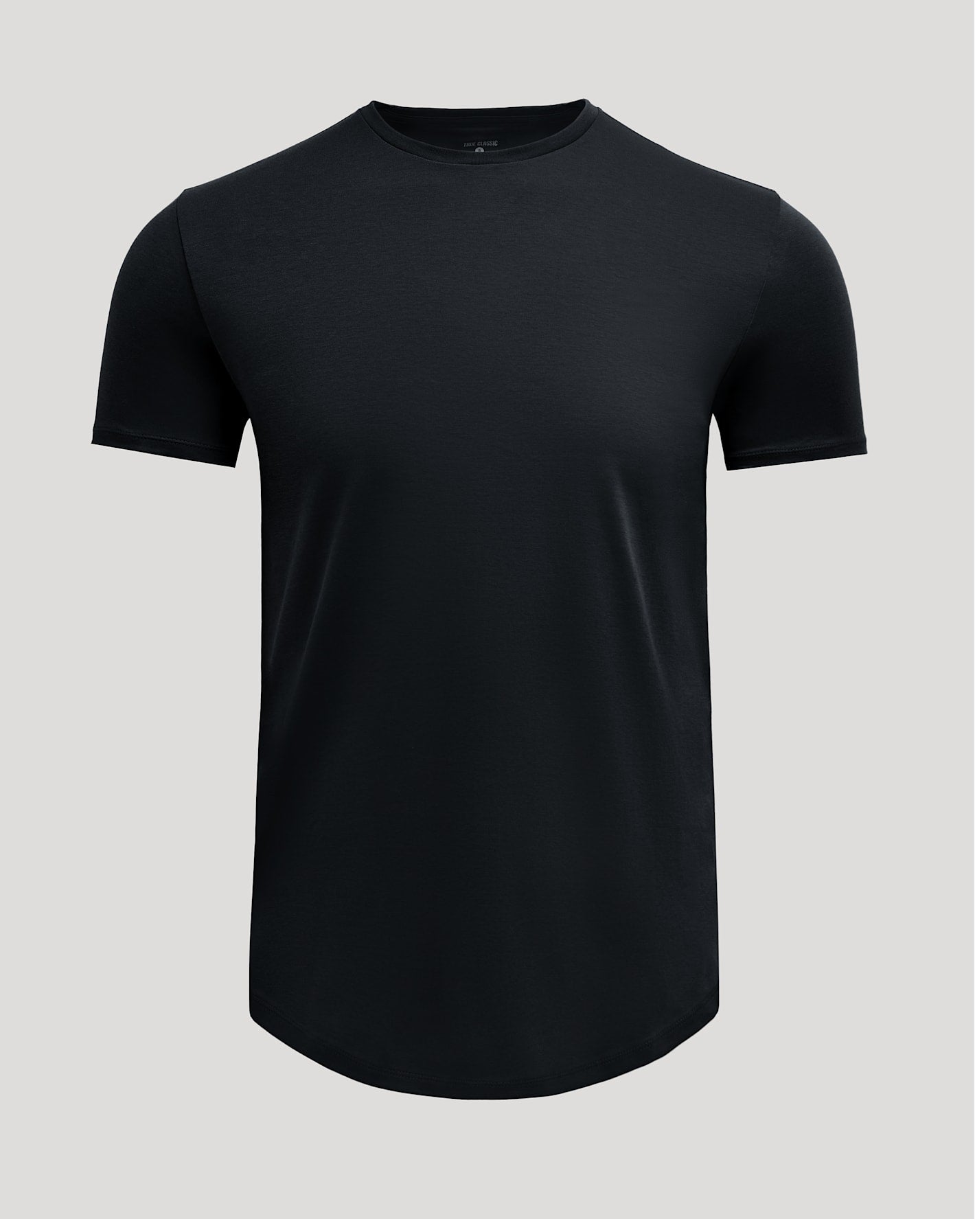 Black Pima Cotton Blend Curved Hem Crew in a solid black color, showcasing a smooth texture and tailored fit, ideal men's basics for a sleek everyday look.