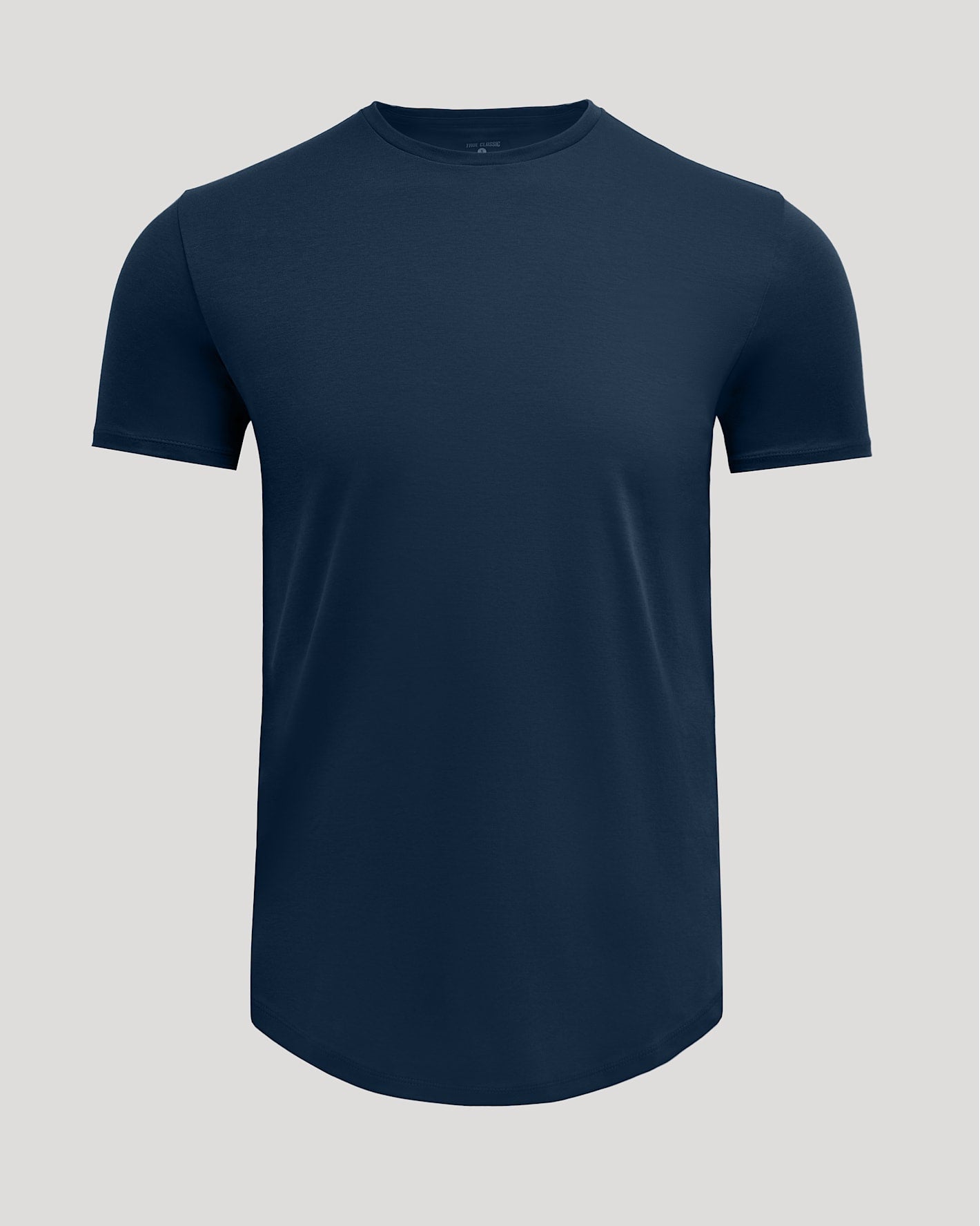 Navy Pima Cotton Blend Curved Hem Crew shirt displayed on a neutral background, featuring a smooth, soft fabric and classic crew neckline for men's basics.