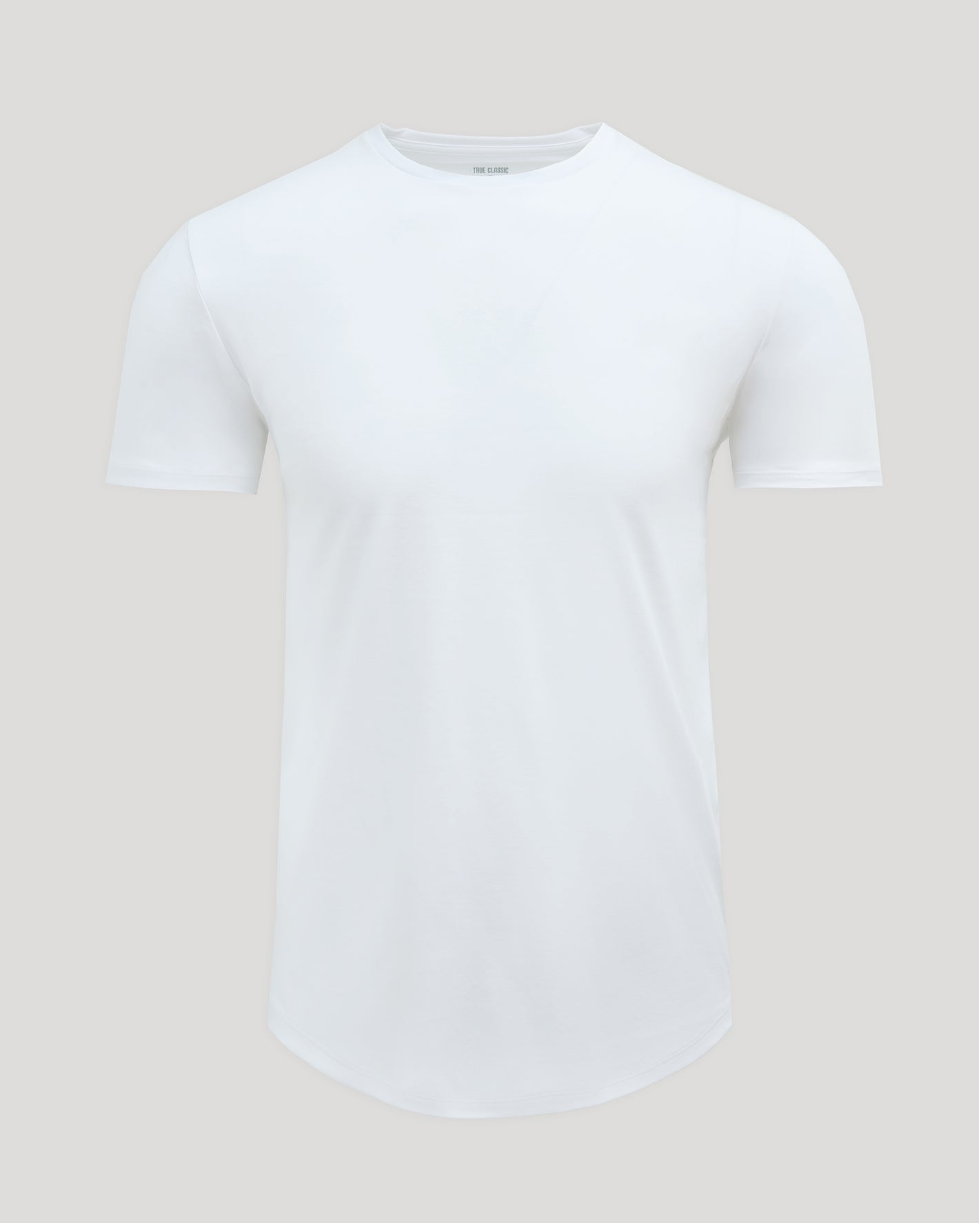 White Premium Pima Crew Curved Hem T-shirt on neutral backdrop.
