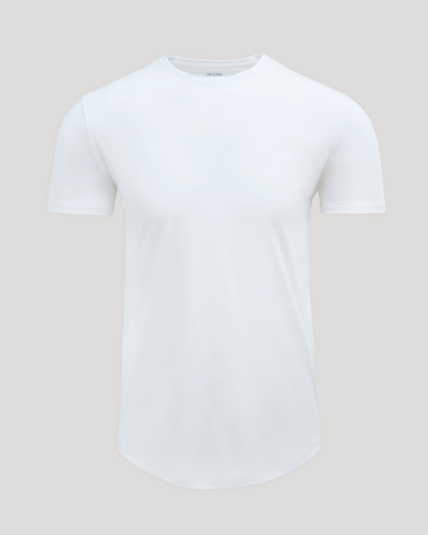 Optic White Pima Cotton Blend Curved Hem Crew on light gray background.