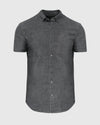 Black Wash Short Sleeve Stretch Chambray Shirt with button-up front and chest pocket.