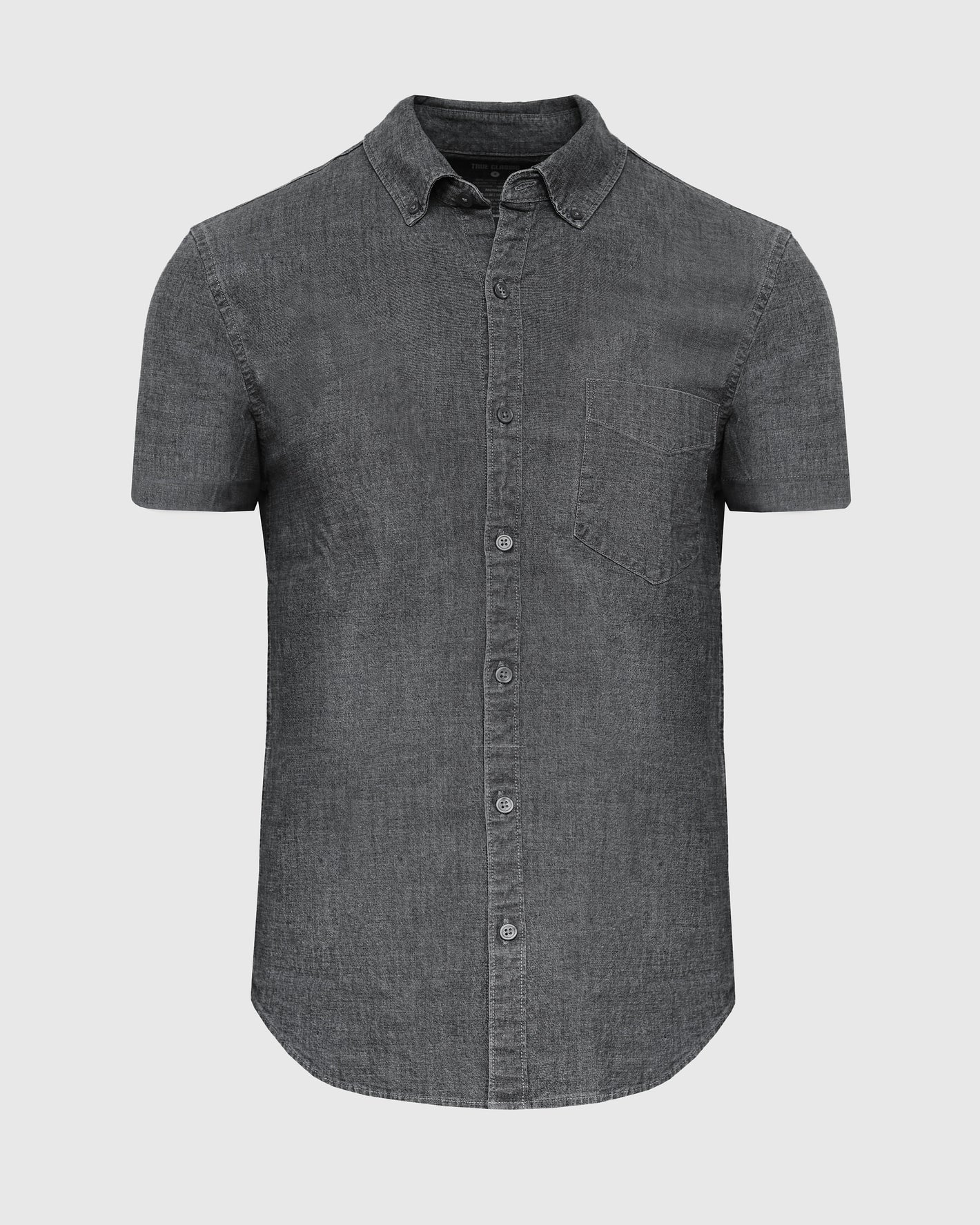 Black Wash Short Sleeve Stretch Chambray Shirt with button-up front and chest pocket.