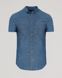 True ClassicLight Indigo Wash Short Sleeve Stretch Chambray Shirt with button-down front.