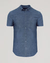 Medium Indigo Wash Short Sleeve Stretch Chambray Shirt with button front and chest pocket.