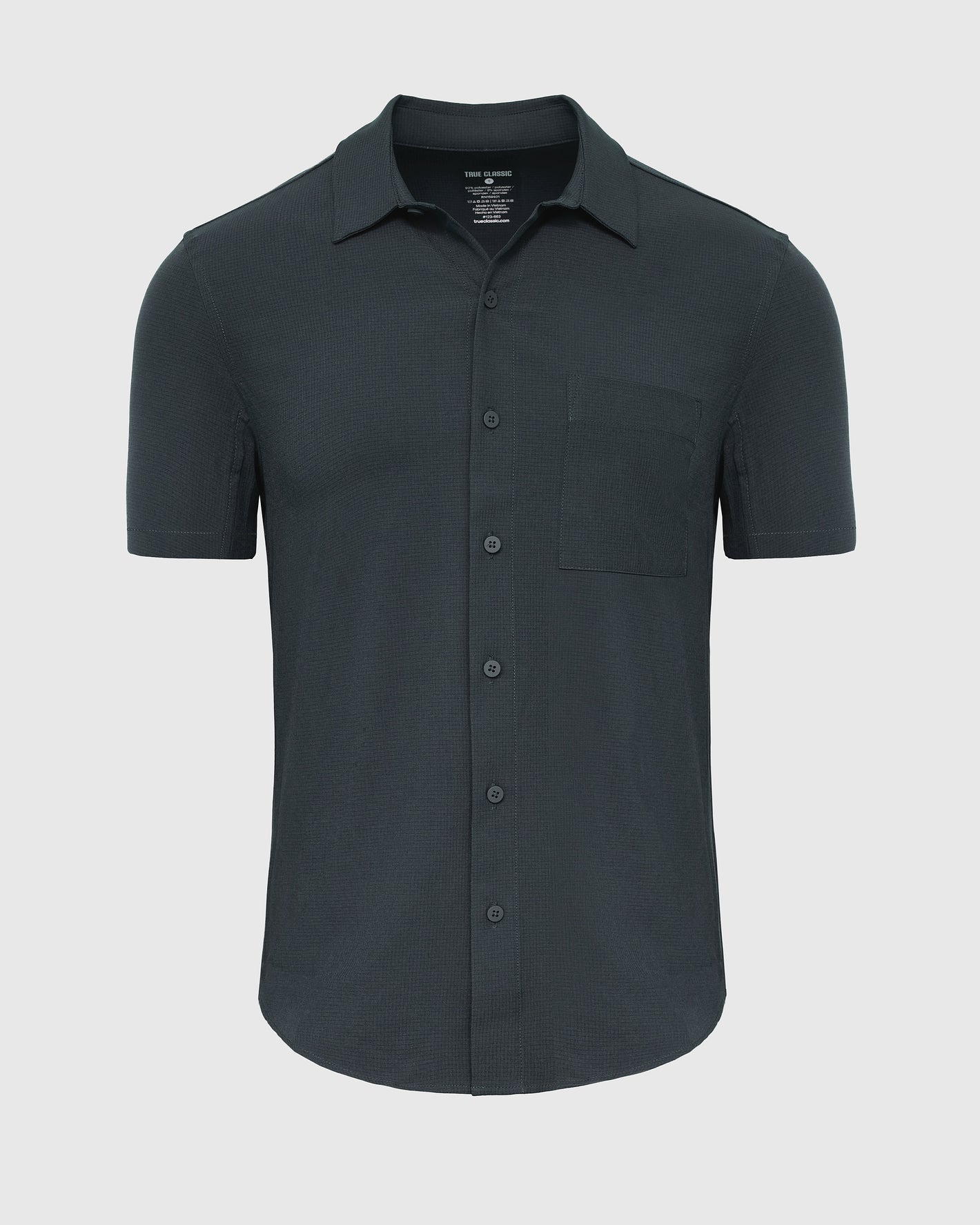 Heather Navy Short Sleeve Ripstop Commuter Shirt 1, button-front with chest pocket.