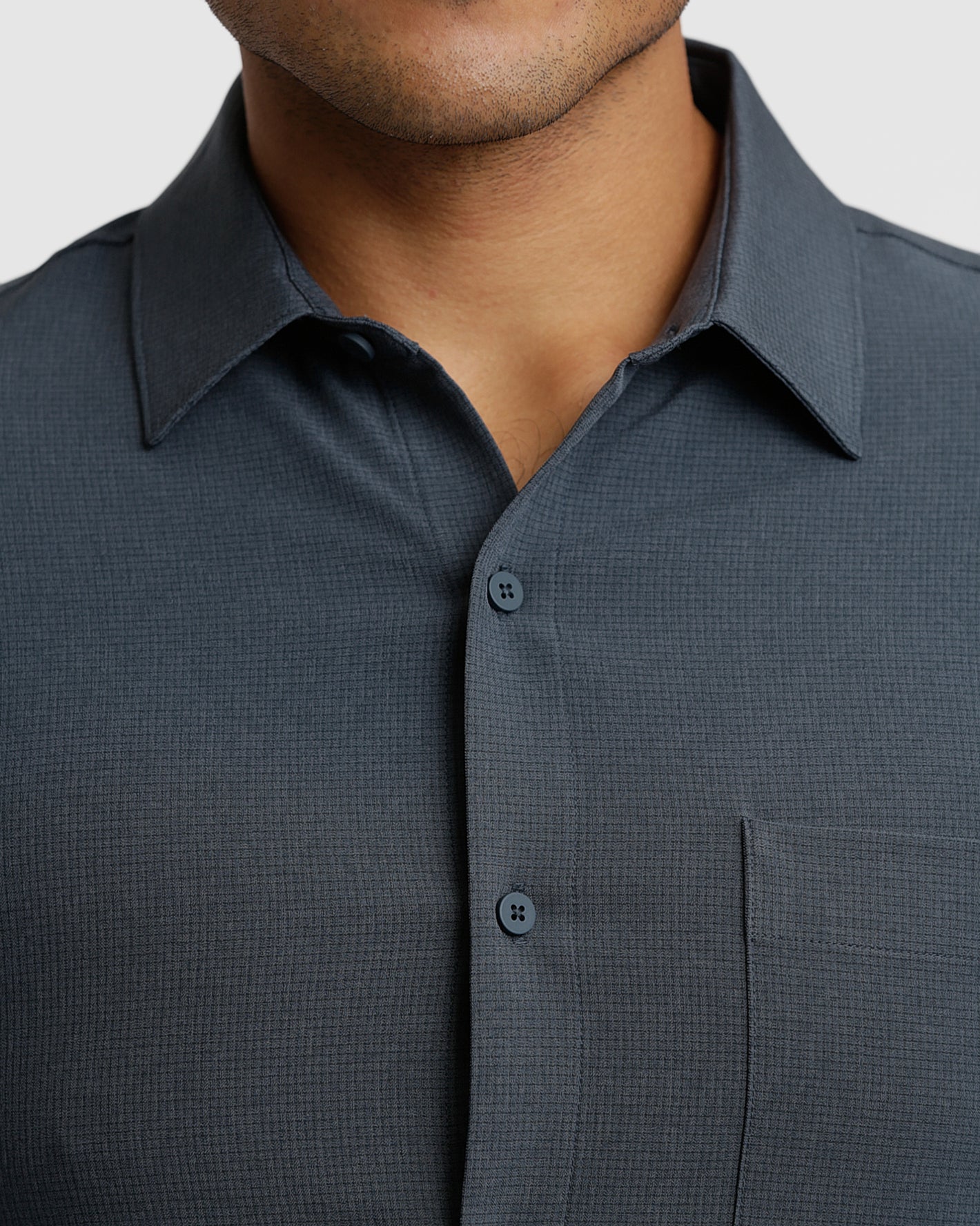 Navy & Fiord Ripstop Shirt, textured, breathable, button-up, visible collar.