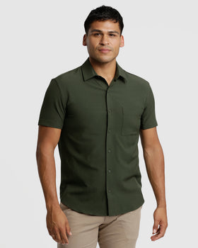 Olive Short Sleeve Ripstop Commuter Shirt on man with khaki trousers.