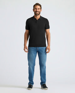 True ClassicMan wearing Black Dressy Polo, blue jeans, and black sneakers.