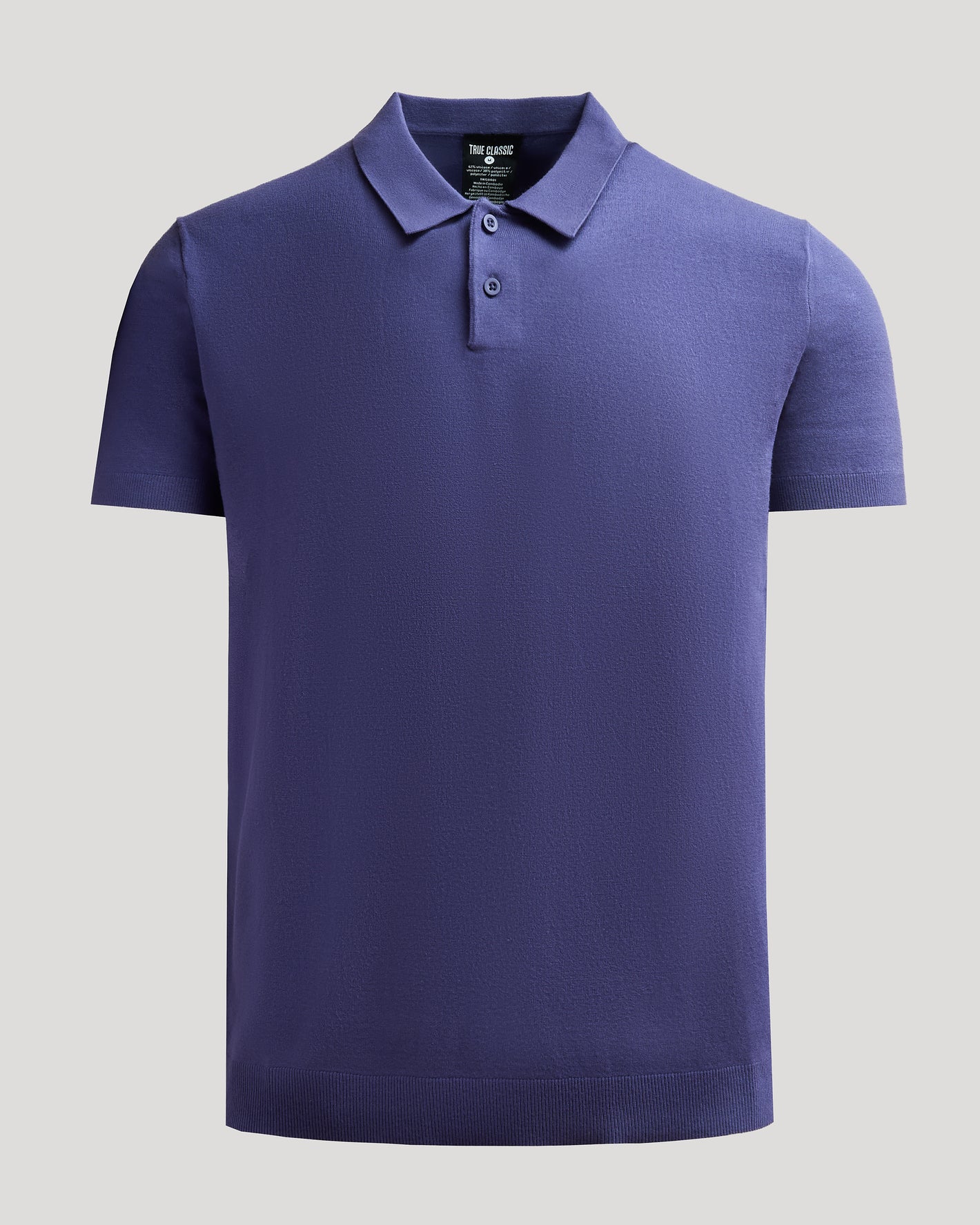 Blueberry Dressy Polo with classic collar, two-button placket, ribbed trim.