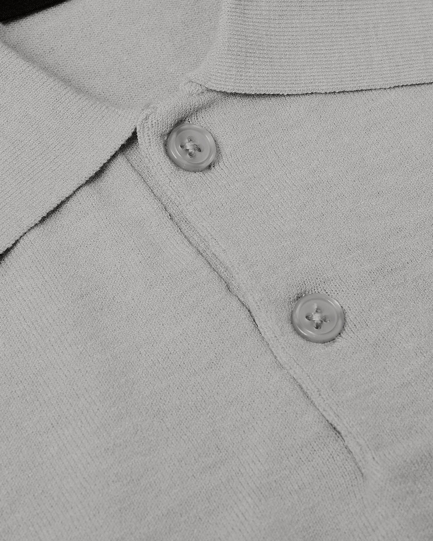 Heather Gray Dressy Polo's collar and placket with two buttons.