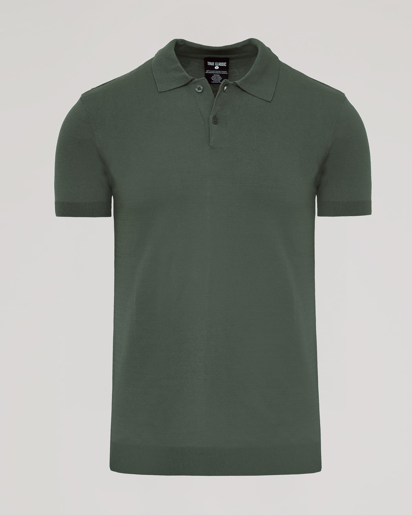 Moss Dressy Polo with classic collar, two-button placket, ribbed cuffs.