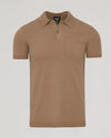 Truffle Dressy Polo: Tan short-sleeved, ribbed collar, two-button placket.