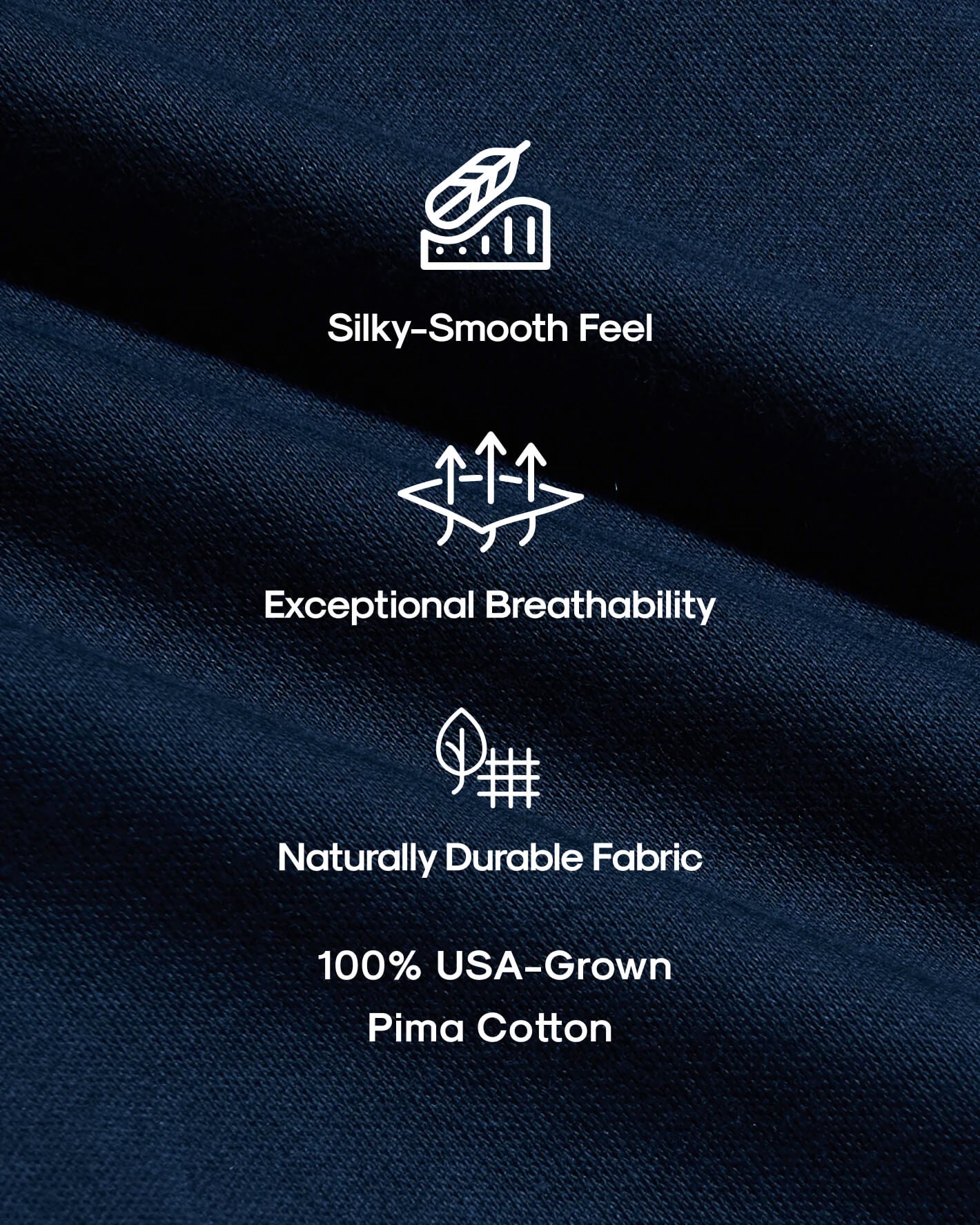 Navy Premium Pima Crew Neck with silky, breathable, durable fabric icons.