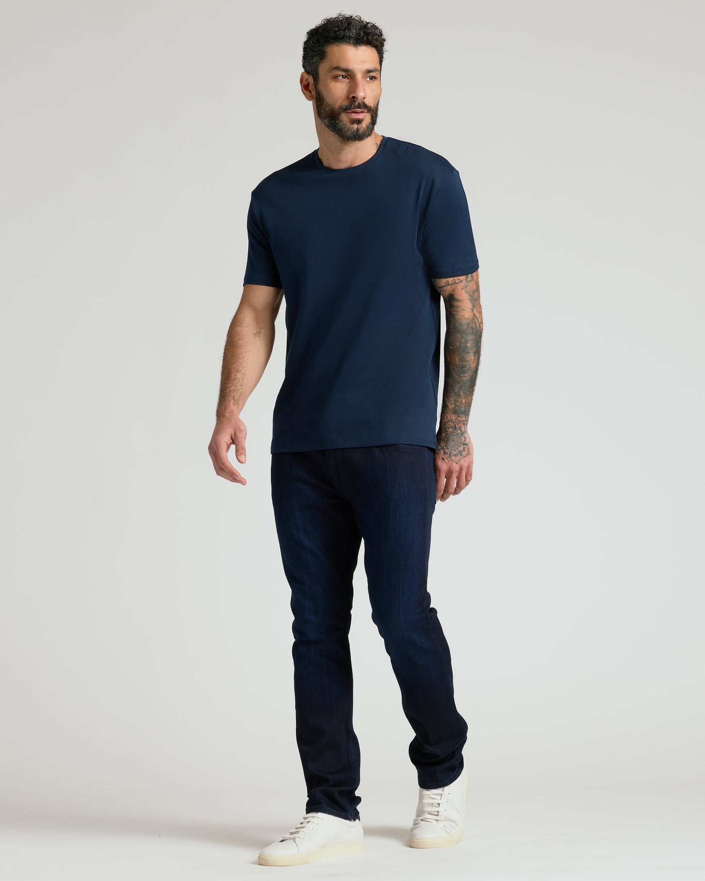 Navy & Ether Premium Pima Crew Neck 2-Pack on tattooed model.