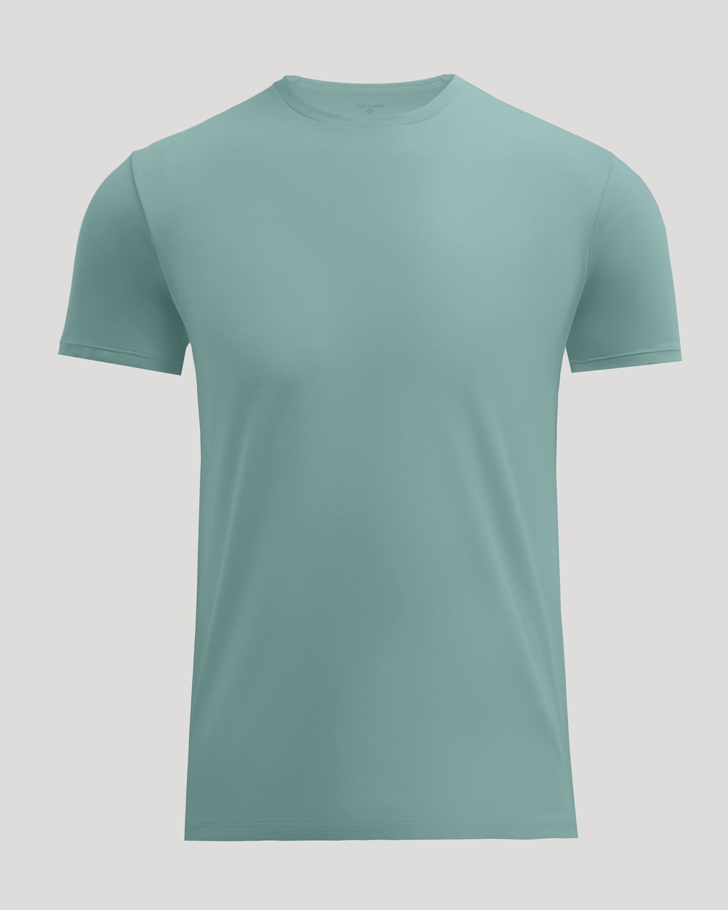 A short-sleeve crewneck t-shirt in a muted sage green color, displayed on a solid light gray background.