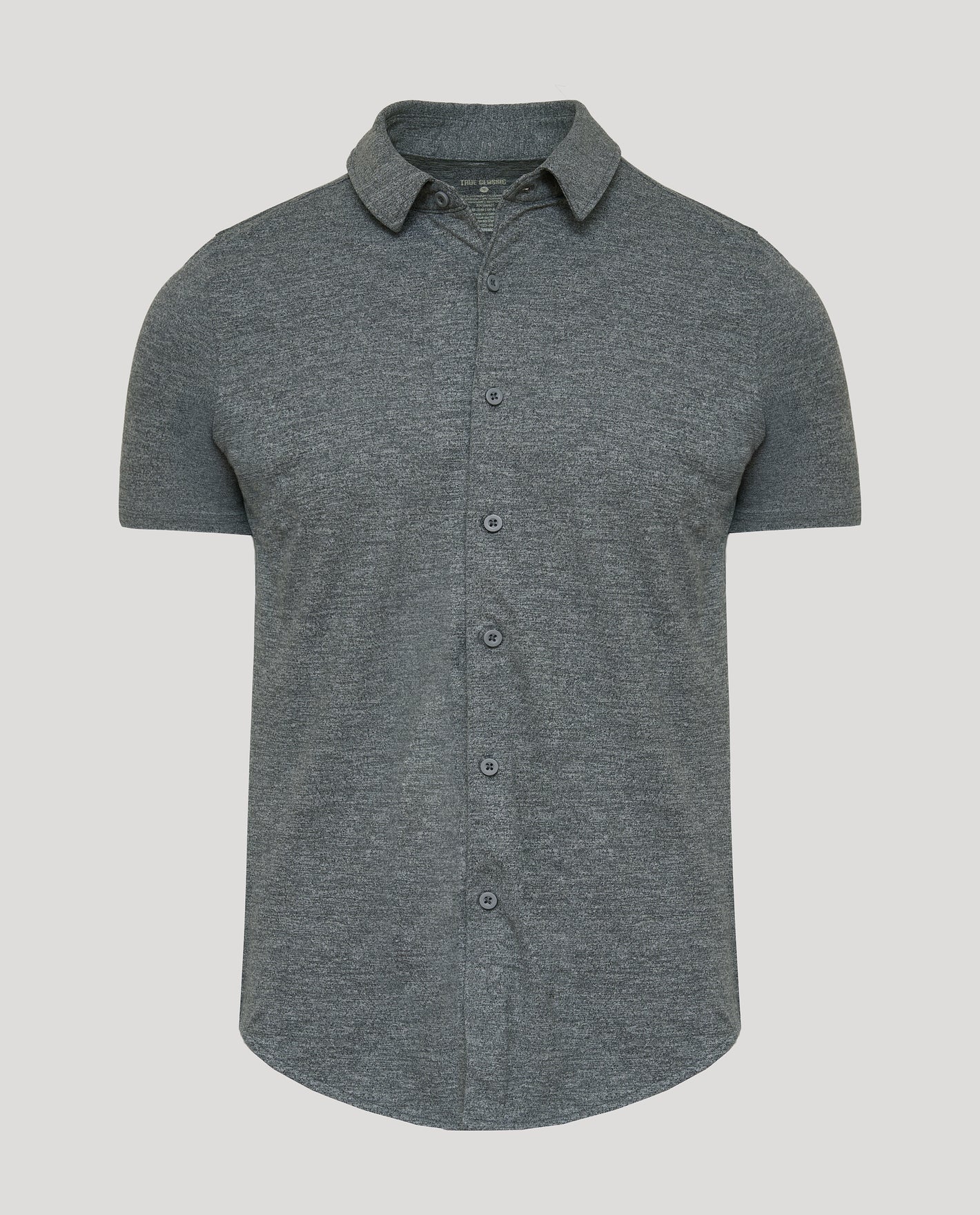 Charcoal Heather Gray Short Sleeve Comfort Knit Shirt with button-down front.