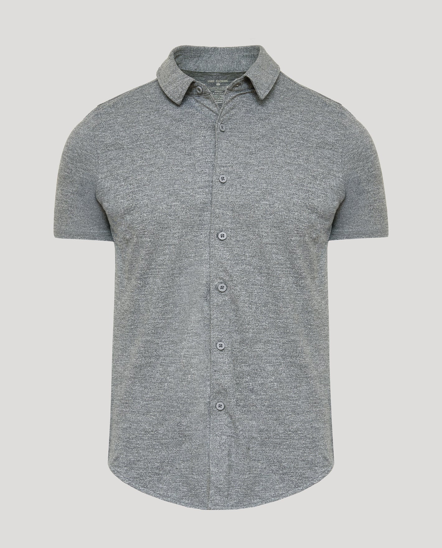 Heather Gray Short Sleeve Comfort Knit Shirt with polo collar and button-up front.