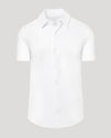 White Short Sleeve Comfort Knit Shirt with button-down design and pointed collar.
