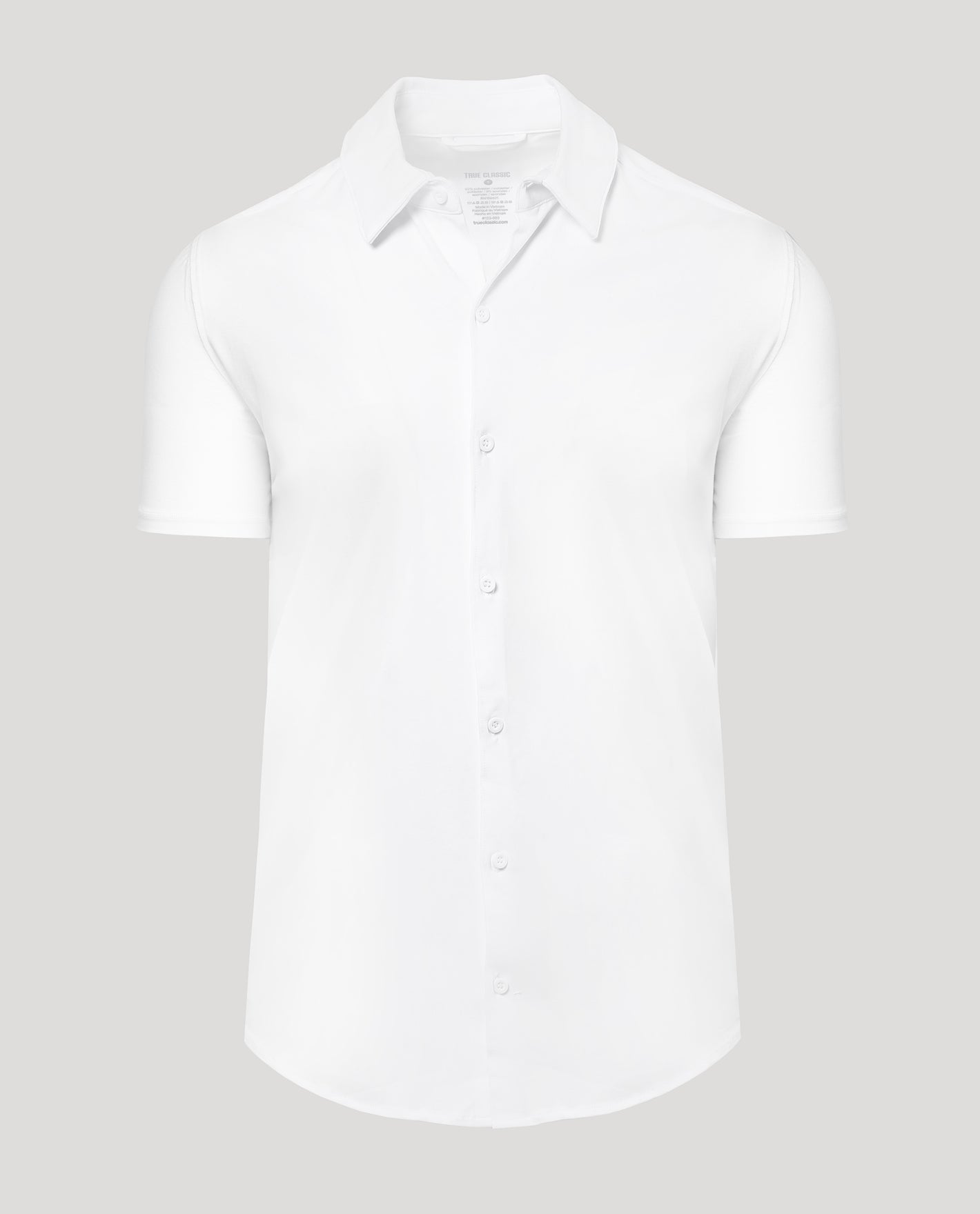 White Short Sleeve Comfort Knit Shirt with button-down design and pointed collar.