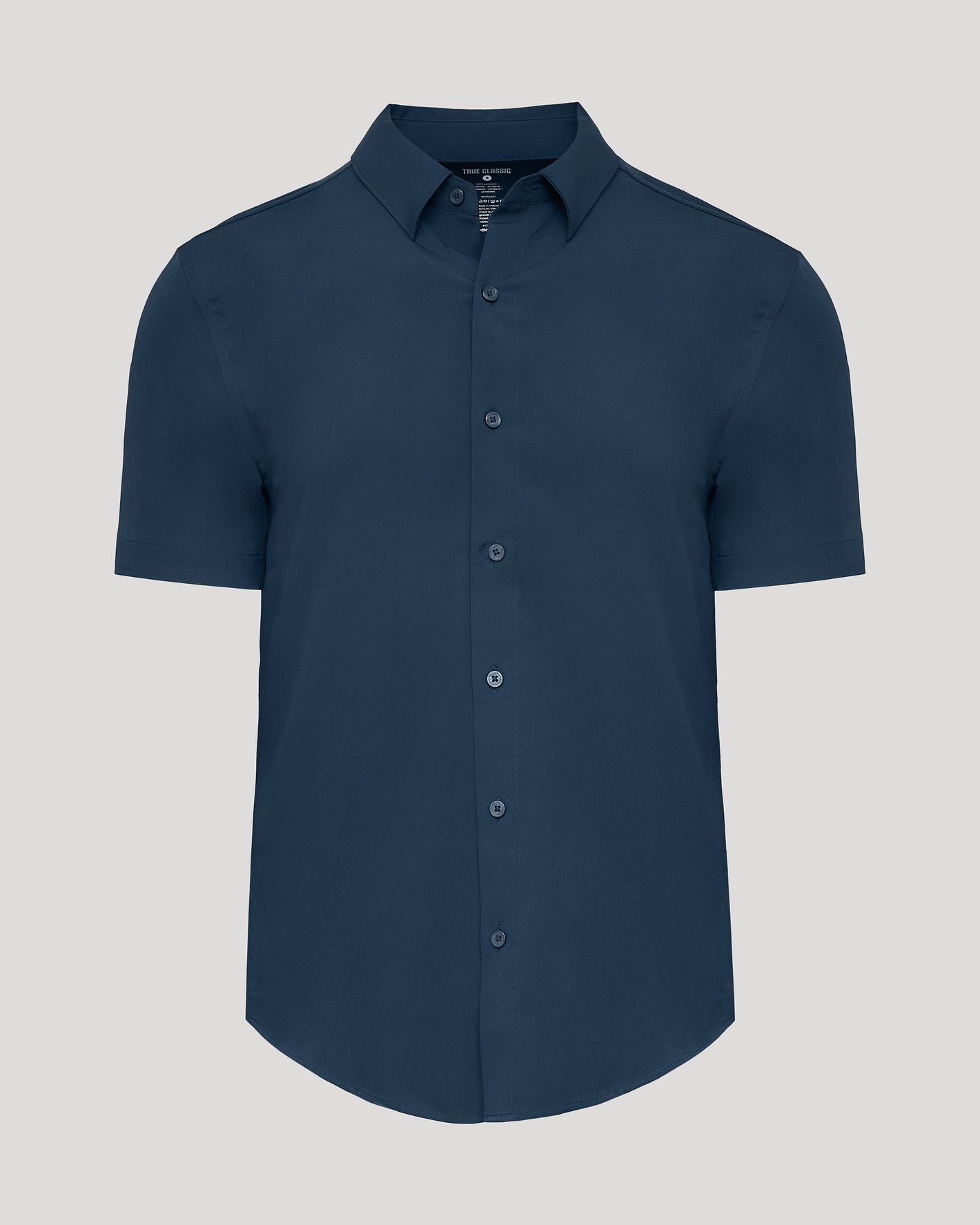 Navy Performance Dress Shirt, short-sleeve, button-front, collared, wrinkle-resistant.