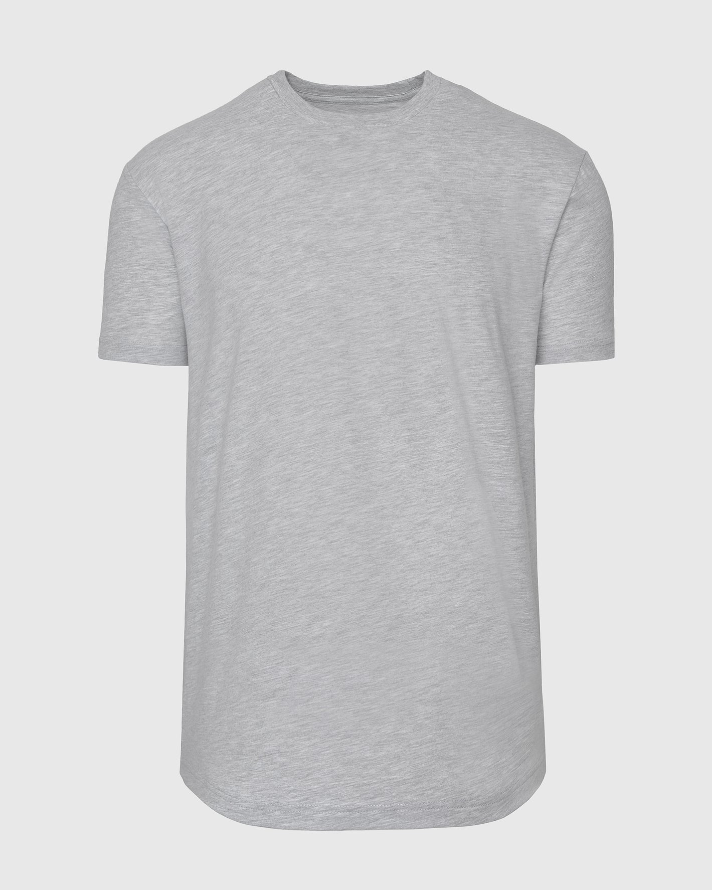 Heather Gray Curved Hem Classic Crew Neck T-shirt, short-sleeve, laid flat.