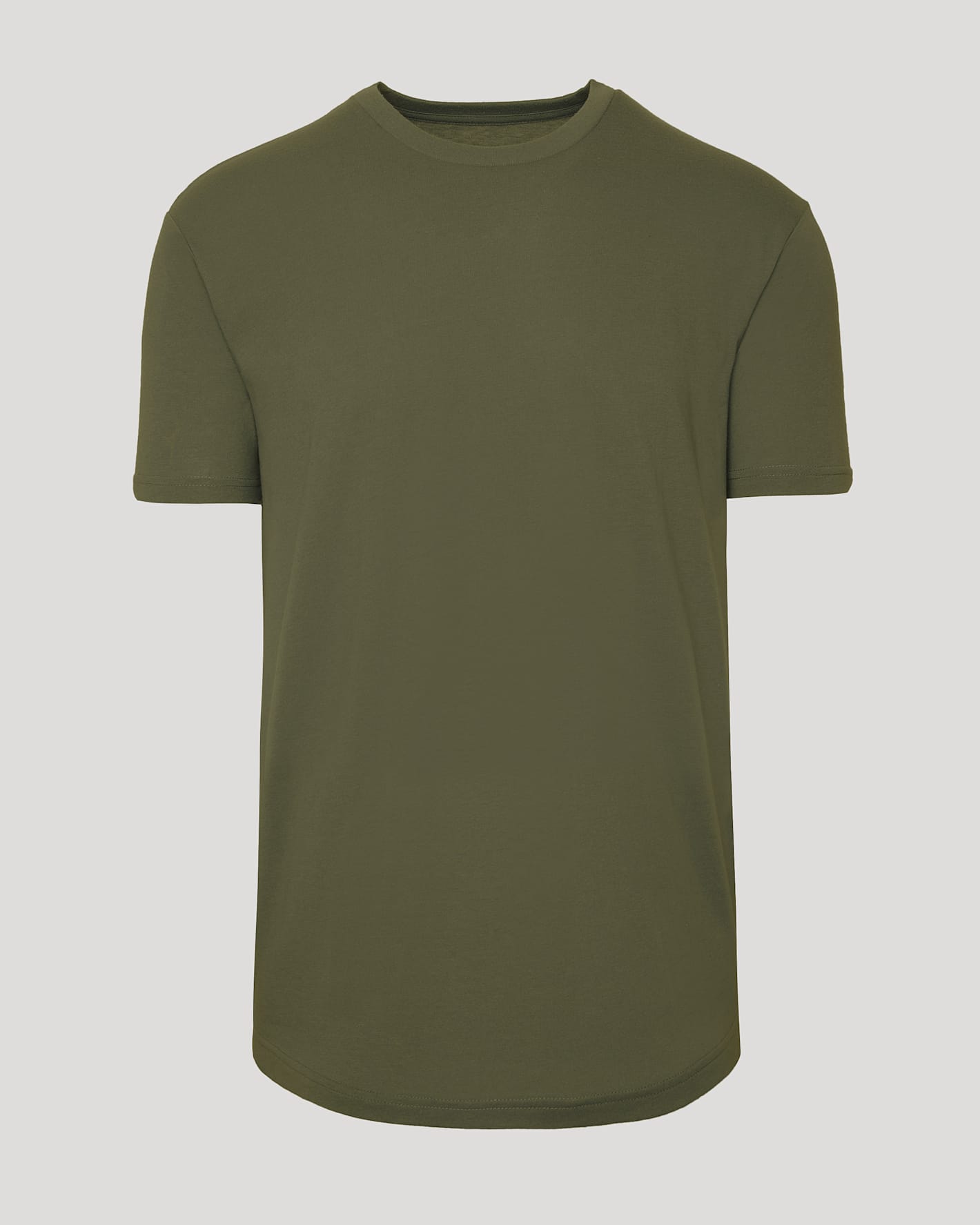 Military Green Curved Hem Classic Crew Neck T-shirt, short sleeves, crew-neck.
