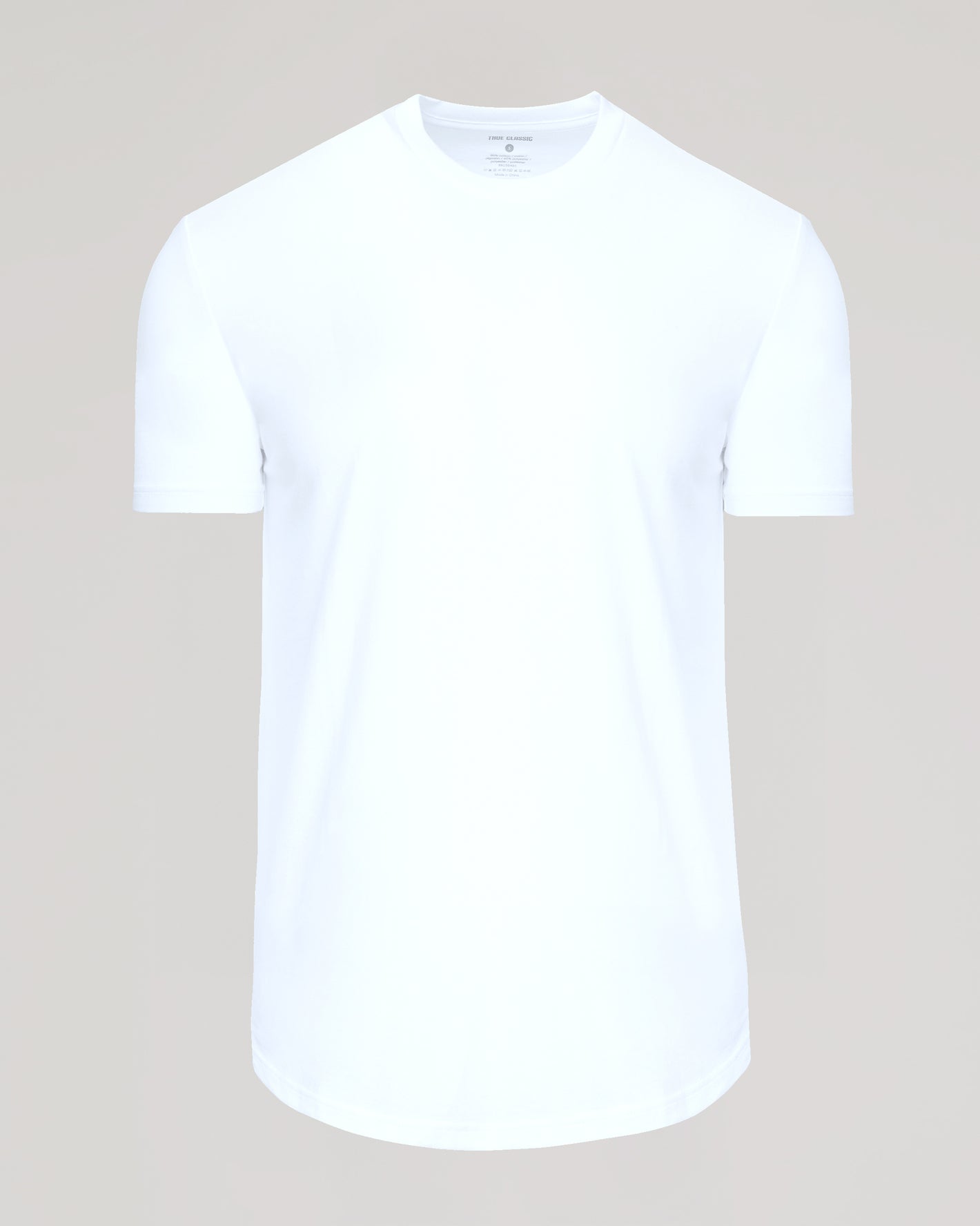 White Curved Hem Classic Crew Neck T-shirt, short-sleeve, laid flat.