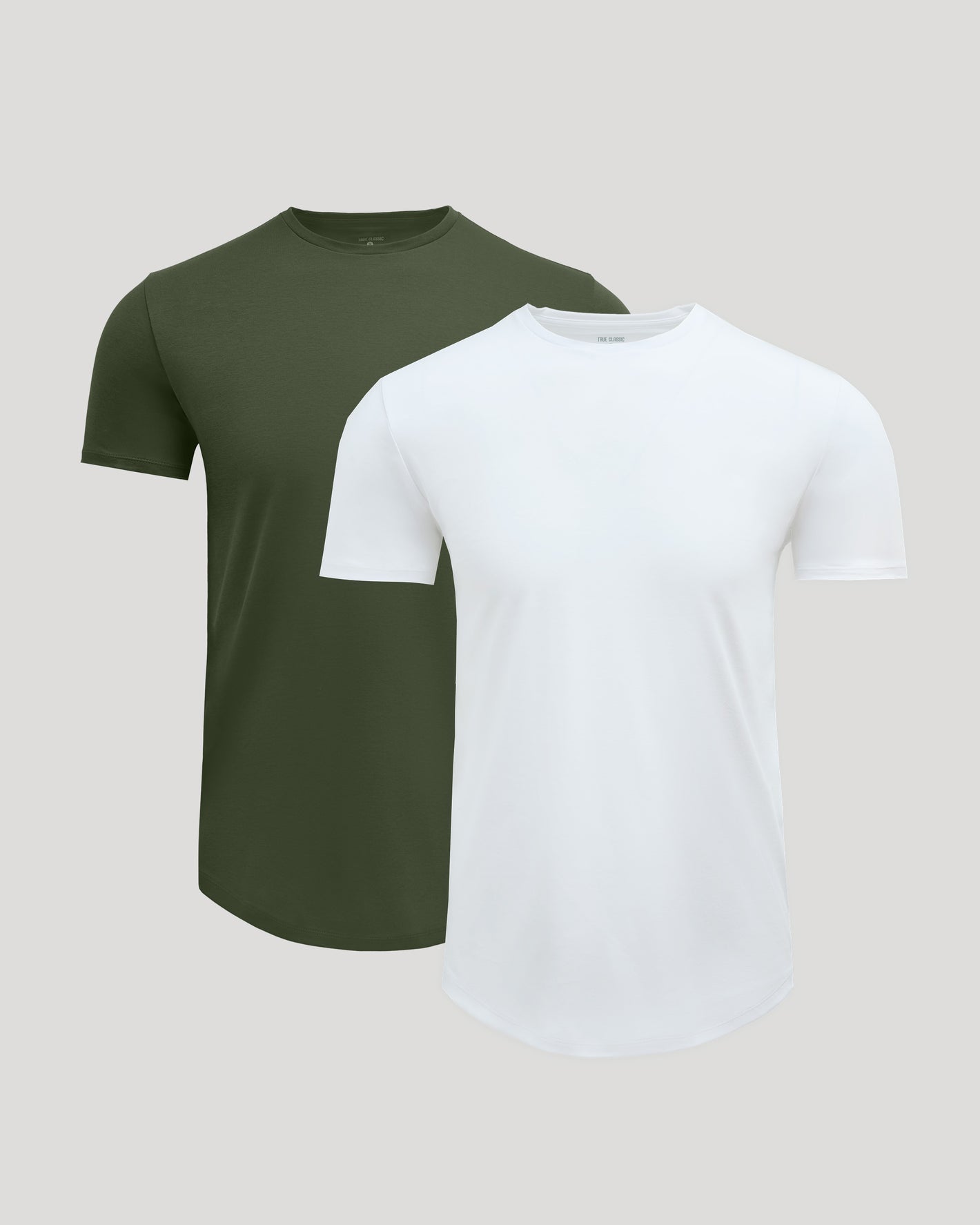 Pima Cotton Blend Curved Hem Crew 2-Pack, overlapping T-shirts display.