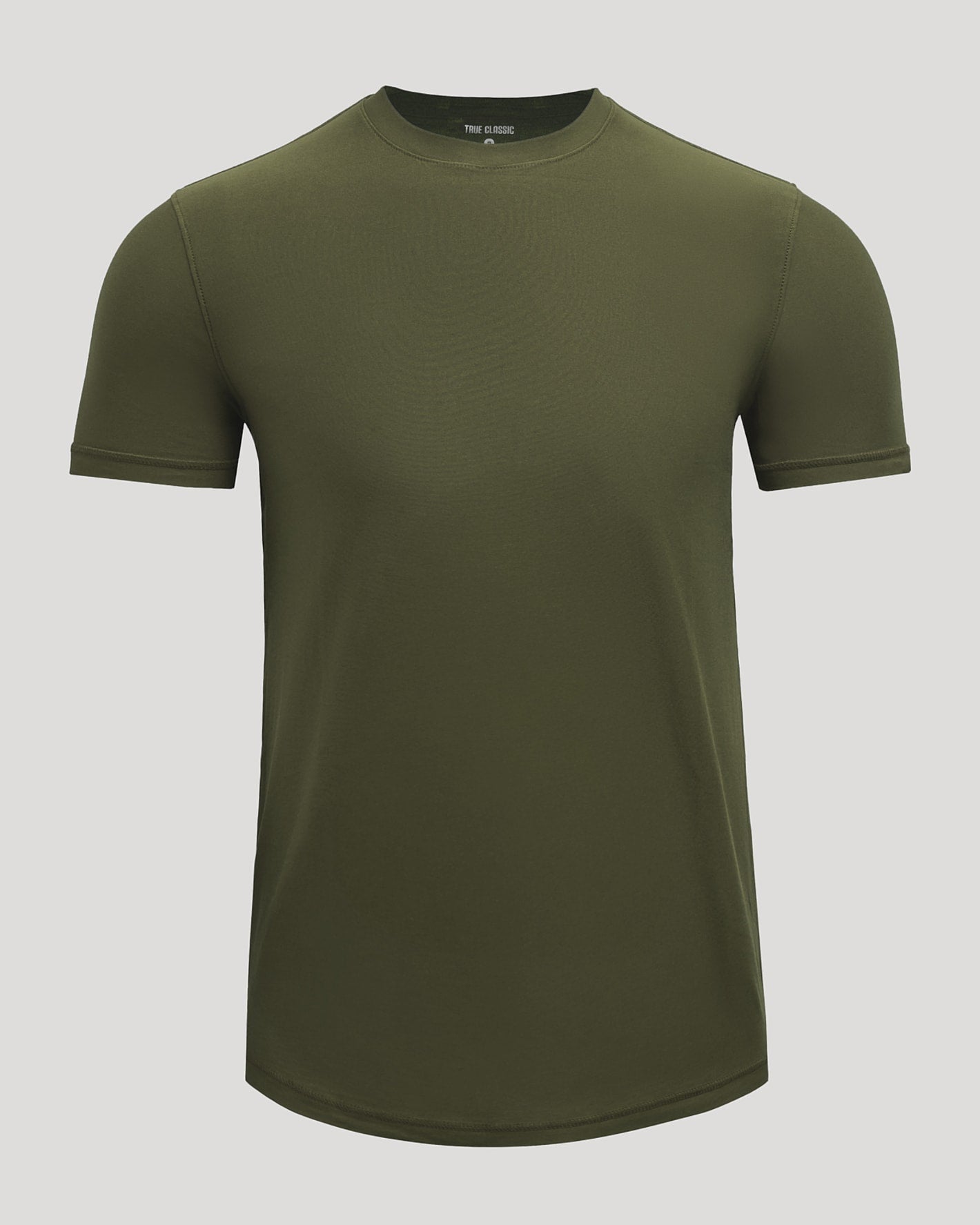 An olive green short-sleeve crewneck t-shirt displayed on a neutral light gray background.