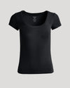 Womens Black Ribbed U-Neck Tee with scoop neckline and ribbed texture.