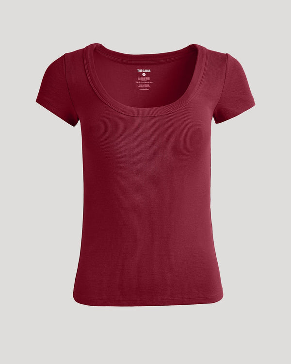 Womens Dark Maroon Ribbed U-Neck Tee with soft, stretchy texture.